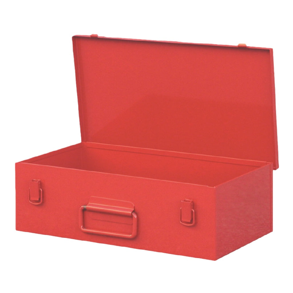 Caja de almacenamiento metálica con tapa abatible y manija, color rojo