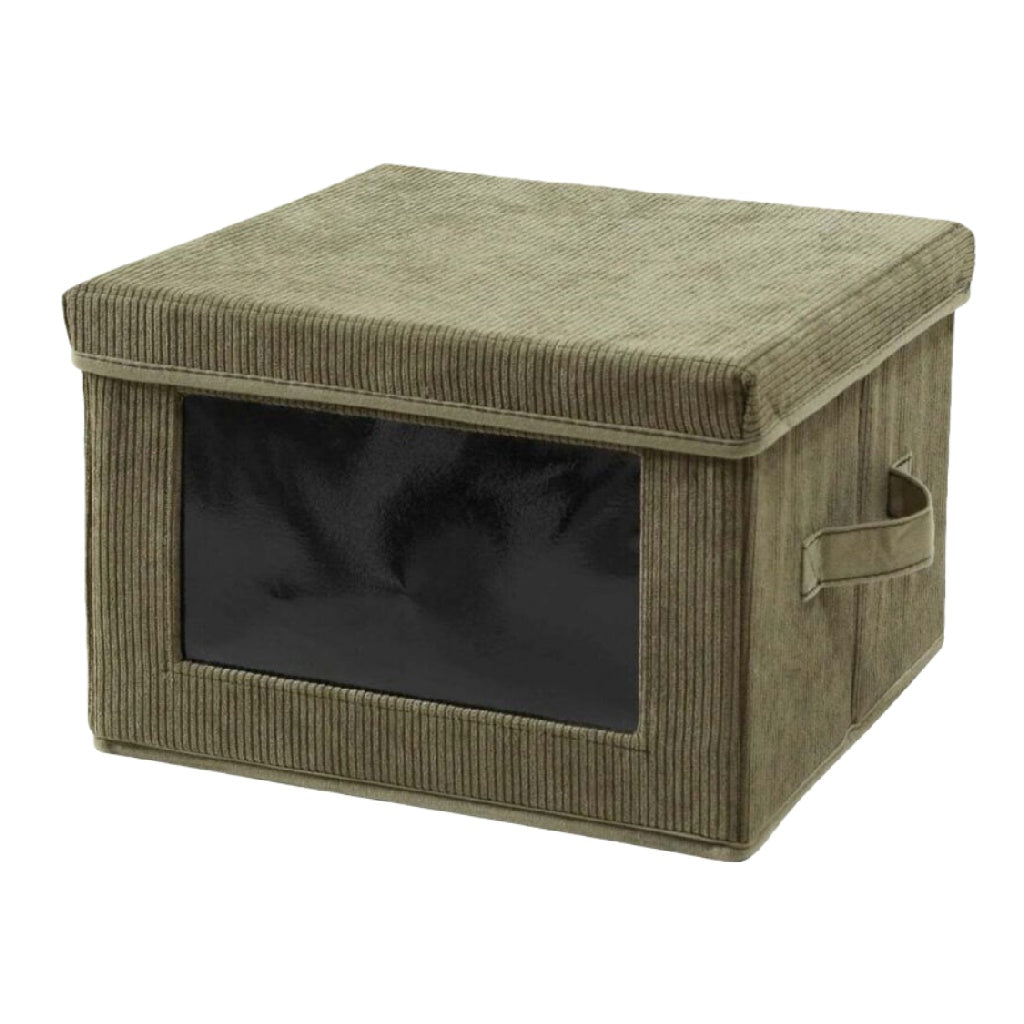 Caja de almacenamiento de tela con ventana transparente y manijas, color verde oliva