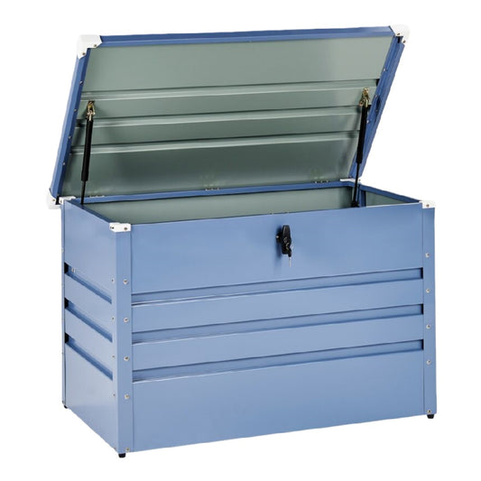 Baúl de almacenamiento metálico con tapa abatible y cierre con llave, color azul