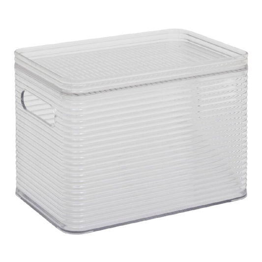 Caja de almacenamiento translúcida con tapa y asas laterales, plástico